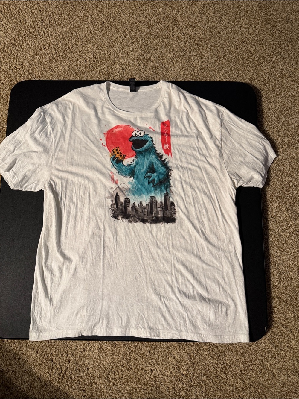 Gildan White Tee with Blue Cookie Monster and Red Sun Graphic